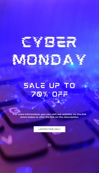 A high-impact Cyber Monday promotional graphic featuring a keyboard background with bold, digital-glitch typography and a clear offer.