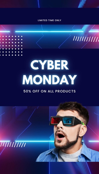 A vertical 9:16 promotional ad featuring 3D glasses with a neon blue and purple futuristic aesthetic to announce a 50% off store-wide sale.