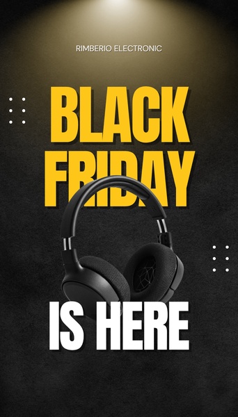 A high-contrast vertical ad featuring headphones centered against a dark background with bold, urgent typography for a Black Friday promotion.