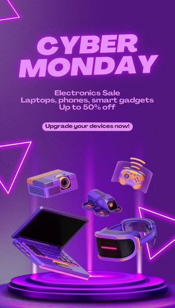 A 9:16 vertical promotional ad featuring a vibrant purple theme, glowing neon accents, and a central pedestal showcasing various electronics.