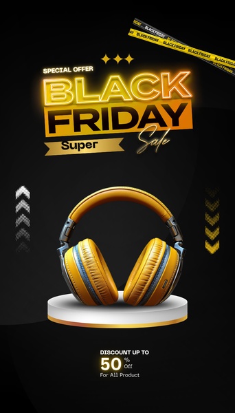 A vertical 9:16 sale creative featuring premium headphones on a clean display pedestal with bold, high-contrast gold and black branding.