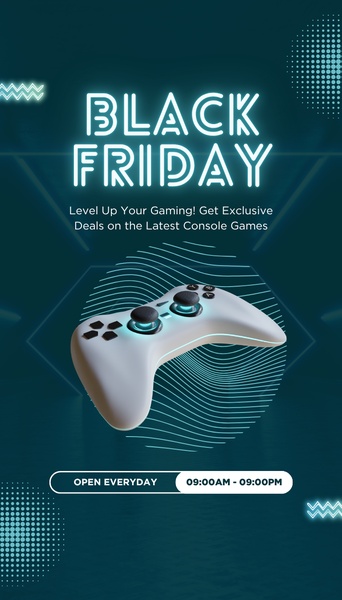 A high-contrast vertical ad featuring a 3D-rendered white gaming controller against a dark teal background with neon typography.