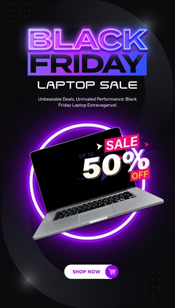 A high-energy, dark-themed 9:16 vertical creative featuring a laptop central hero with neon glowing accents to highlight a 50% discount.