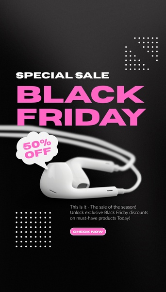 A high-contrast Black Friday ad for earbuds featuring a bold 50% discount callout on a minimalist black background.