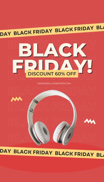 A high-contrast Black Friday promotional creative featuring white headphones isolated against a bold red background.
