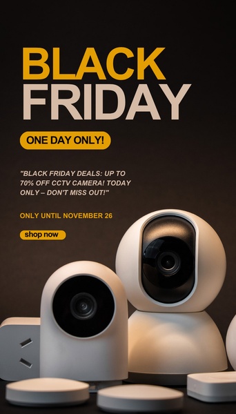 A high-contrast 9:16 vertical ad featuring a direct Black Friday discount offer on security cameras to create immediate urgency.