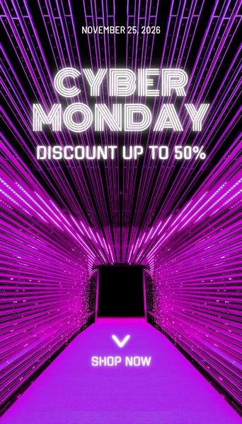 A high-impact promotional graphic for a Cyber Monday sale, featuring a neon-lit perspective tunnel that draws the eye directly to the discount offer.