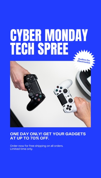 A high-energy vertical creative featuring game controllers and a bold, blue-themed Cyber Monday offer for electronics.