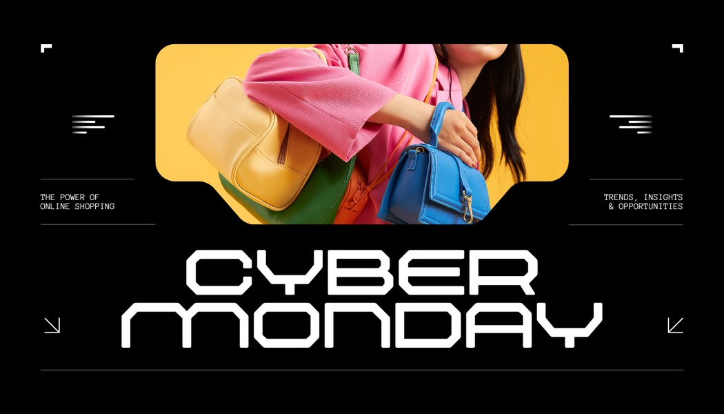 A clean, high-contrast, studio-style shot featuring a woman holding multiple colorful designer handbags against a bright yellow background for Cyber Monday.