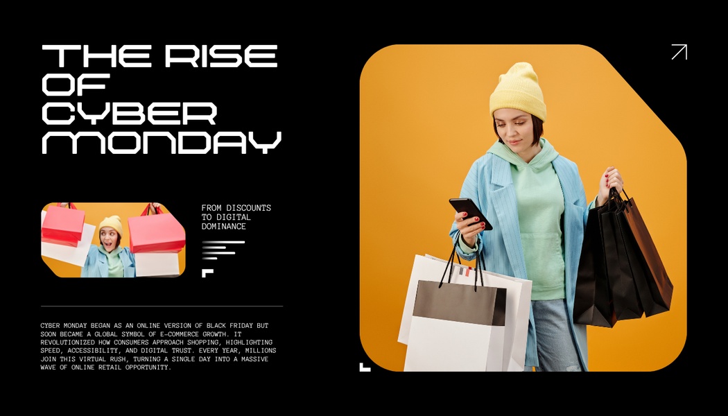 An educational, high-contrast graphic detailing the growth of Cyber Monday as a global e-commerce retail event.