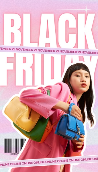 A visually striking vertical ad featuring a model holding colorful handbags with bold, oversized Black Friday typography set against a gradient background.