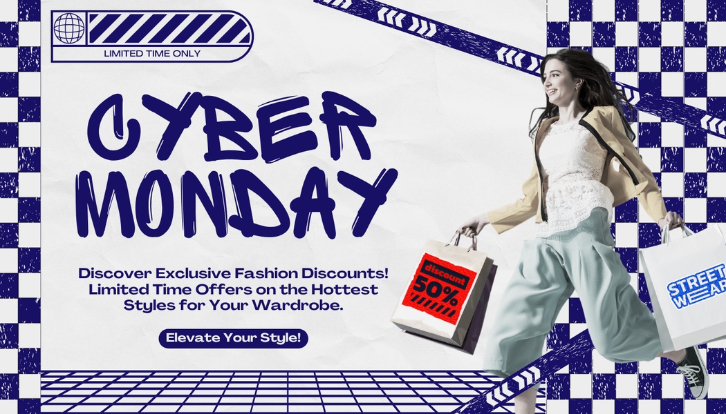 cyber monday, fashion sale, clothing discount, style promotion, wardrobe deals, limited time deal, sale promotion, modern typography, lifestyle, energetic, bold, blue, neutral