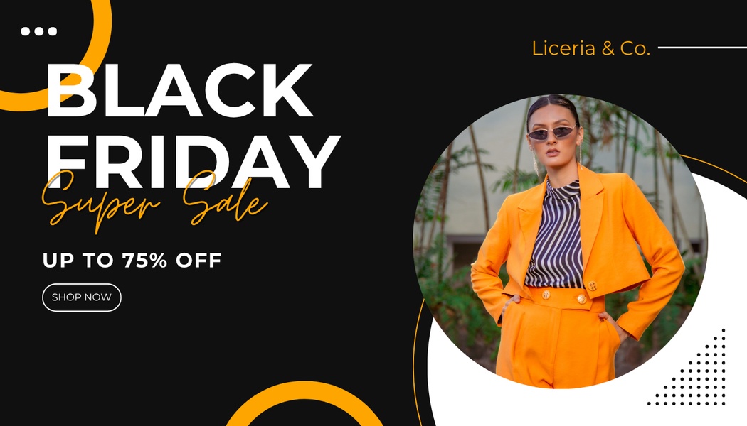 A high-contrast 16:9 Black Friday sale ad featuring a model in an orange professional blazer, using bold typography to announce a 75% discount.