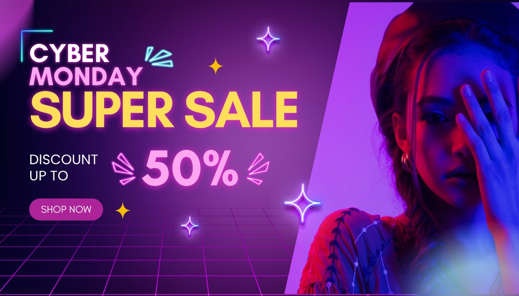 A high-contrast 16:9 promotional creative featuring bold neon typography and a moody, stylized portrait to anchor the Cyber Monday sale message.
