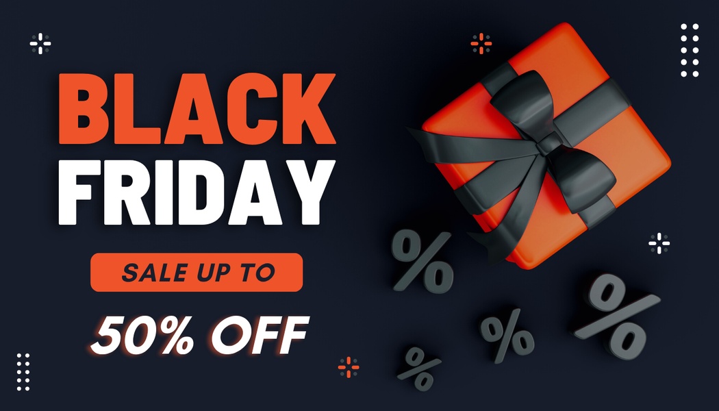 A minimalist, high-contrast promotional graphic featuring a 3D rendered gift box with percentage signs, designed to announce a Black Friday sale.