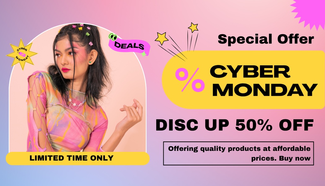 A high-energy Cyber Monday promotional graphic featuring a model and bold, yellow-accented sale messaging to capture immediate attention.