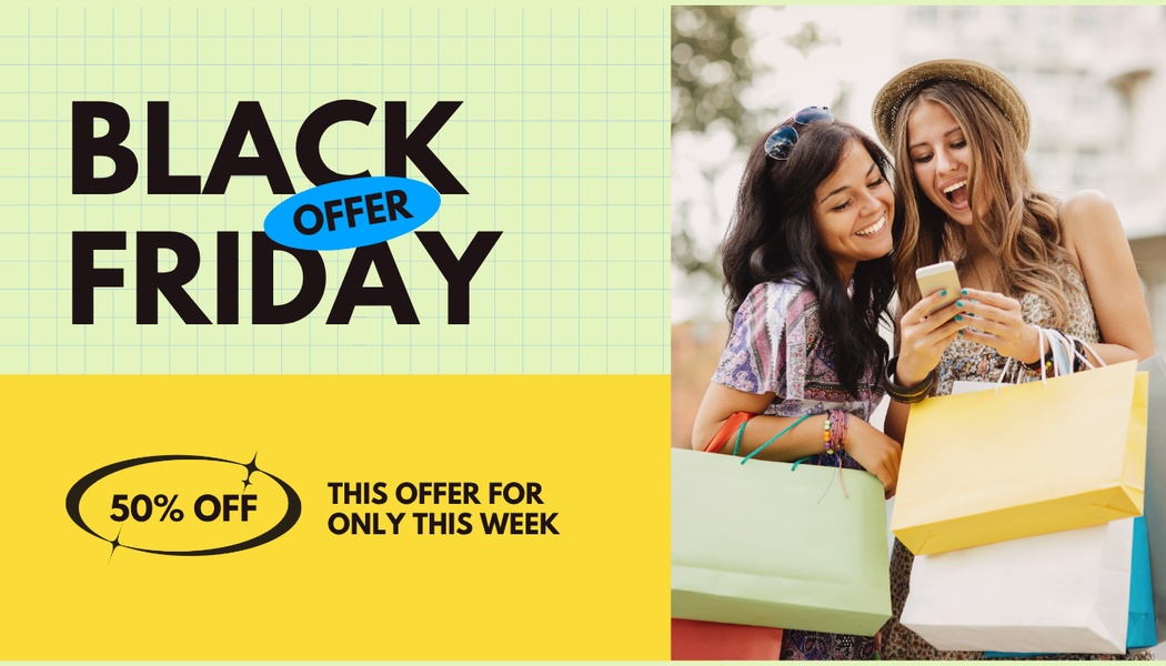 This static ad uses a clean, grid-based aesthetic to highlight a time-sensitive 50% off discount on shopping bags, featuring a joyful lifestyle shot.