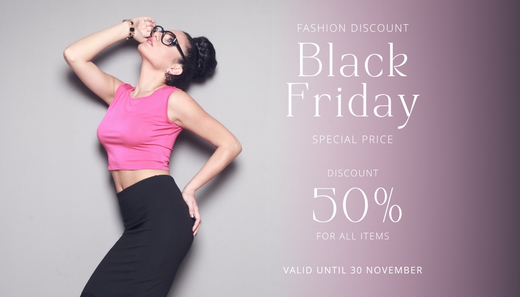 A high-fashion, high-contrast promotional creative featuring a model in an outfit, clearly displaying a 50% discount for Black Friday sales.
