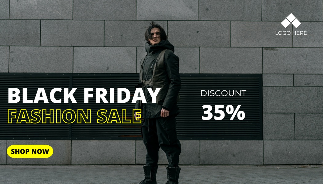 A minimalist, high-contrast promotional creative featuring a model in an urban jacket, advertising a 35% discount for a Black Friday sale.
