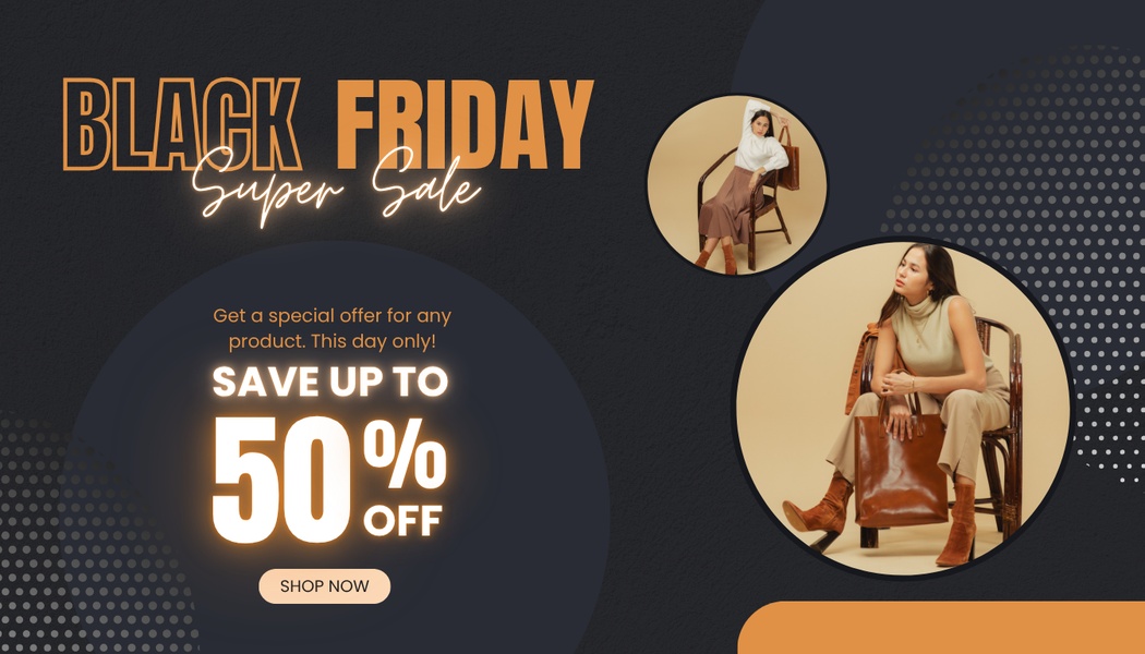 A seasonal promotion creative featuring a premium leather handbag with a 50% off discount incentive.