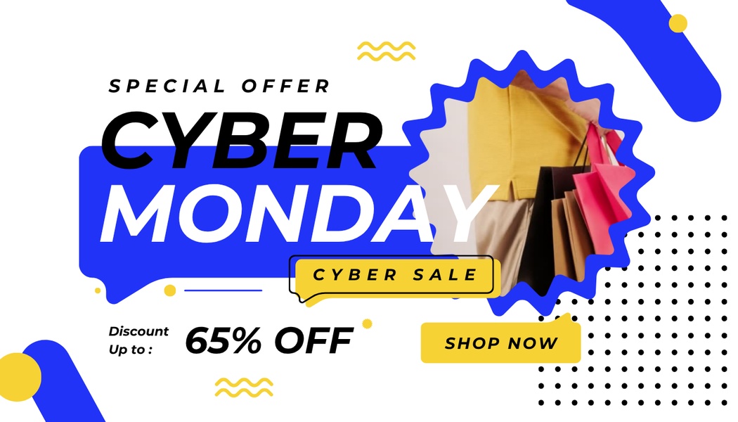 A high-impact promotional graphic for a Cyber Monday sale featuring bold typography and a clear discount offer for retail products.