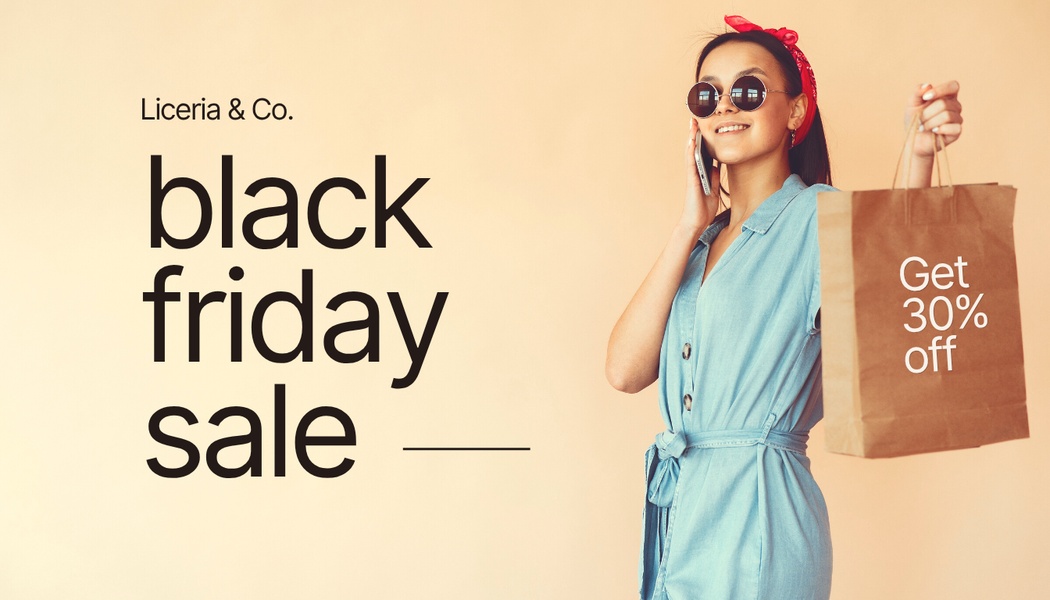 A clean, minimalist promotion featuring a shopper with a bag, highlighting a 30% discount offer for Black Friday.
