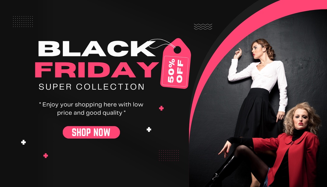 A high-contrast Black Friday promotional ad for women's clothing featuring a bold discount tag and professional model imagery.