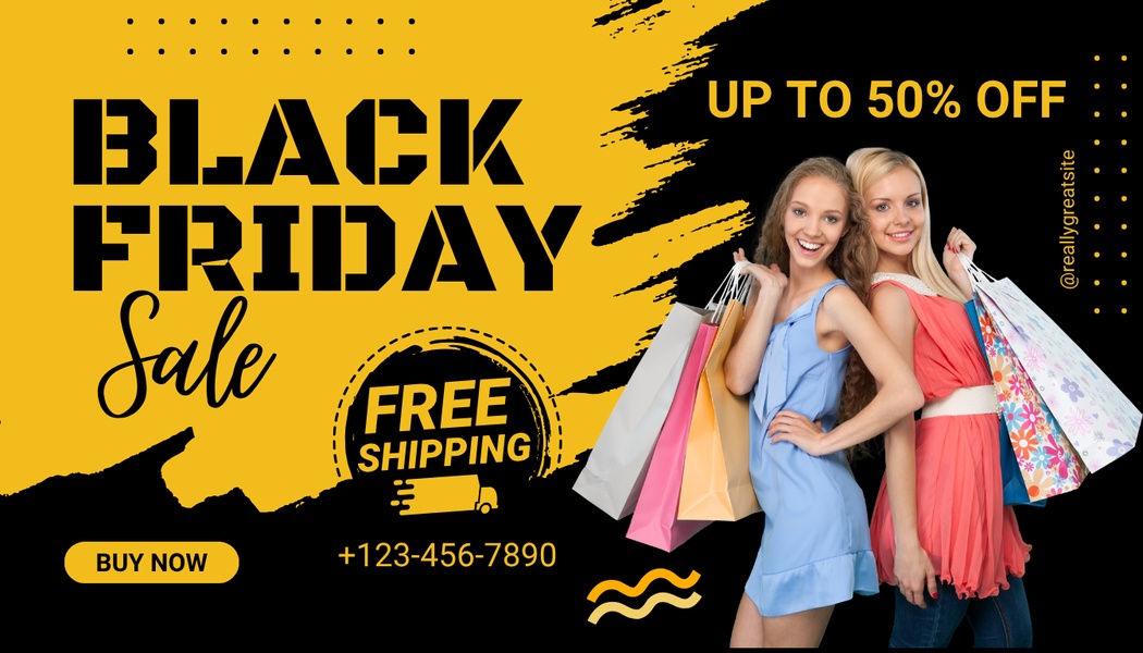 A 16:9 promotional banner featuring a bold yellow and black split-screen design, highlighting a seasonal sale with shopping models.