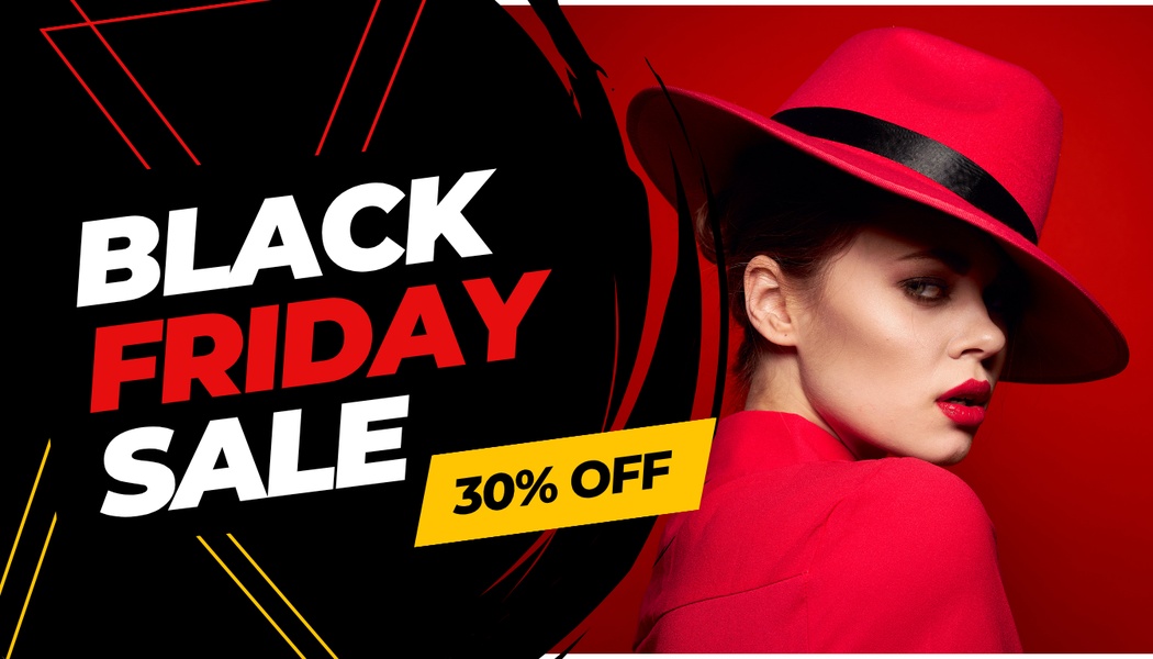 A high-impact 16:9 Black Friday sale ad featuring a model in a vibrant red fedora hat against a matching red and black background.