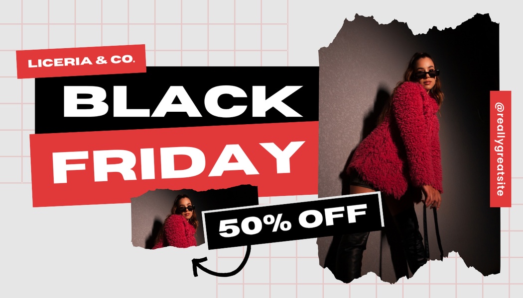 A high-impact 16_9 promotional graphic for a faux fur jacket featuring bold typography, torn-paper effects, and high-contrast color blocks.