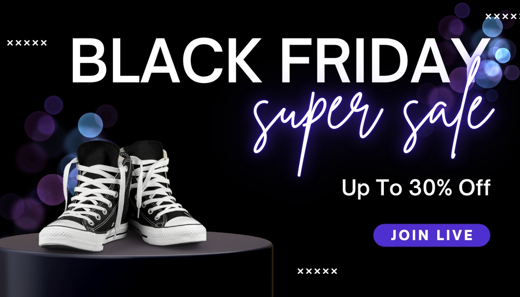 A high-contrast Black Friday promotional creative for high-top sneakers, using a minimalist pedestal display and neon accents to drive clicks.