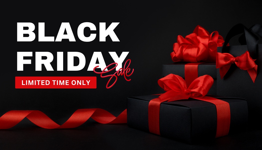 A high-end 16:9 Black Friday creative featuring black gift boxes with red silk ribbons, prioritizing a sleek, premium brand aesthetic.