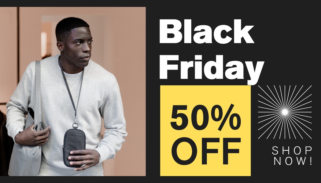 A split-screen promotional ad featuring a model showcasing a lifestyle pouch with high-contrast Black Friday sale text.