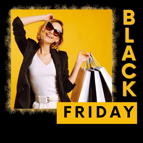 A high-contrast 1:1 square advertisement featuring a model with shopping bags against a bright yellow background, emphasizing the Black Friday shopping season.