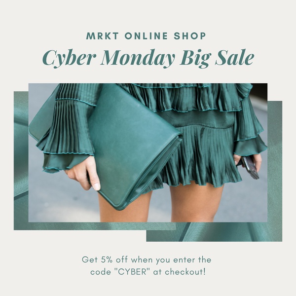 A clean, monochromatic visual of a person holding a green clutch bag, highlighting a Cyber Monday promotion with a clear discount code.
