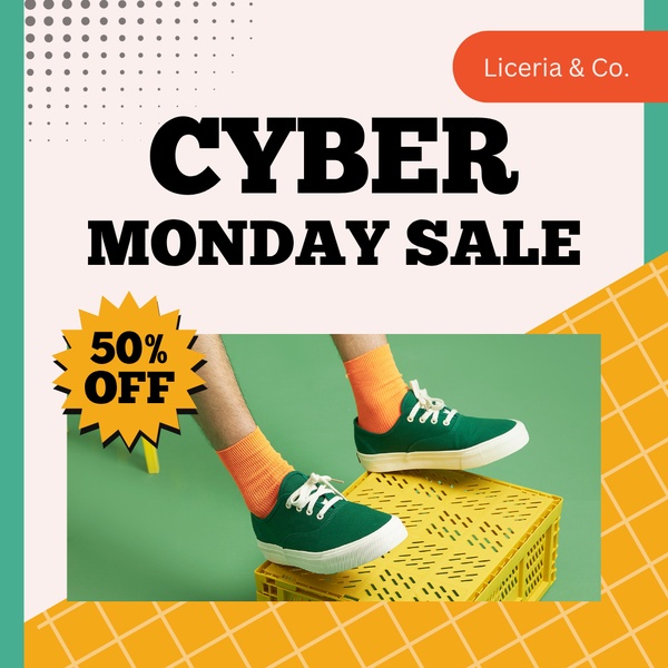 A square ad creative promoting a 50% off Cyber Monday sale featuring casual canvas sneakers on a yellow crate with contrasting orange socks.