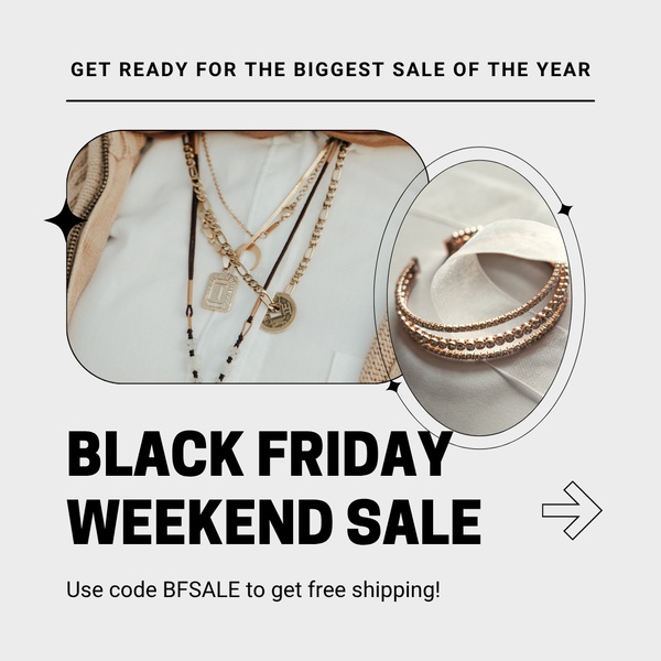 This static square ad features an elegant close-up of layered necklaces and bracelets, signaling a premium limited-time sale event for jewelry.