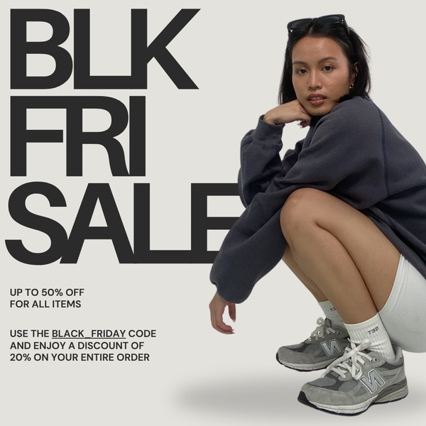 A high-contrast 1:1 square graphic promoting a Black Friday sale on sneakers, featuring bold typography and a clear discount offer.