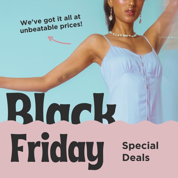 A clean, square-format ad using a simple dress hero image with a directional graphic callout to communicate an unbeatable price offer.
