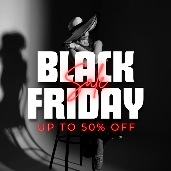 A high-contrast black and white studio shot of a model in an evening gown, featuring bold typography to announce a holiday promotional offer.
