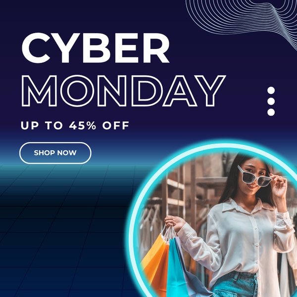 A clean, modern sale-focused ad featuring a high-contrast neon circle frame highlighting a customer holding shopping bags.