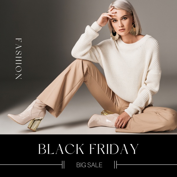 A high-end lifestyle shot featuring a model in a cream sweater and tan pants, contrasted against a clean, professional Black Friday sale banner.