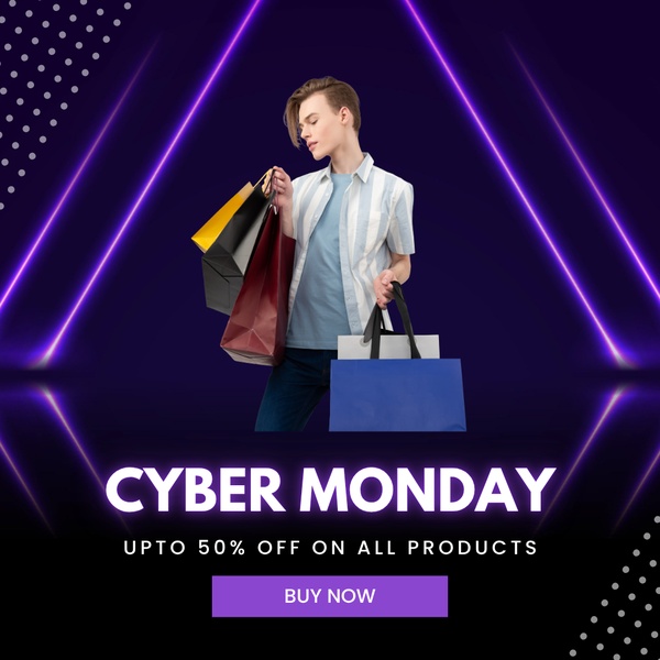 A man holding multiple shopping bags against a dark neon-accented background to highlight a seasonal retail discount.