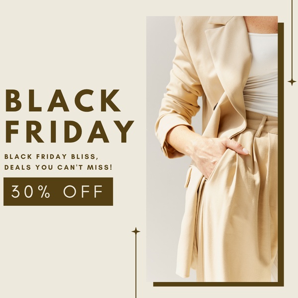 A clean, text-heavy Black Friday promotional graphic featuring a blazer with warm beige tones, focusing on a 30% discount.