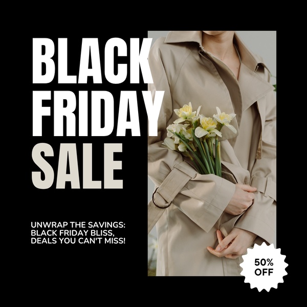 A clean, high-contrast promotional ad featuring a trench coat and seasonal flowers with a bold Black Friday call to action.