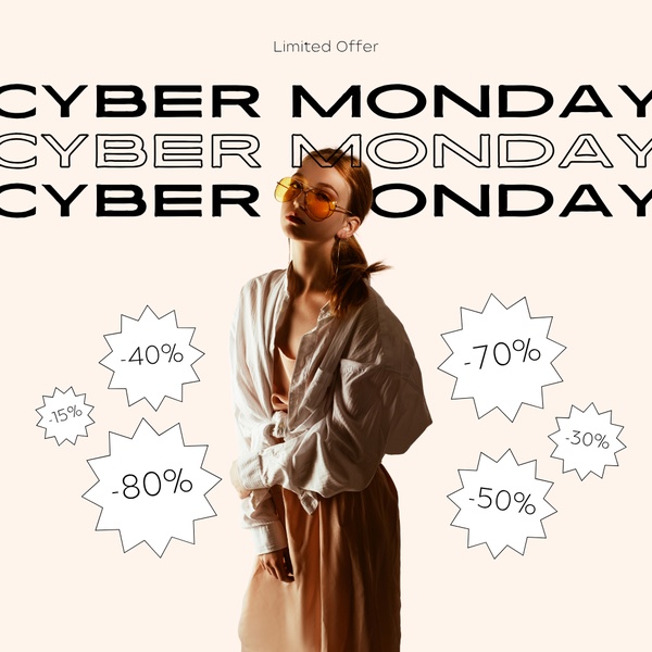A minimalist, high-fashion style Cyber Monday sale ad featuring multiple percentage-off discount bursts around a centered model.