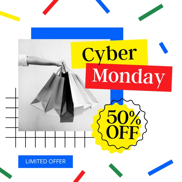 A high-contrast promotional graphic featuring a hand holding shopping bags, utilizing bold typography and bright geometric accents to announce a 50% off sale.