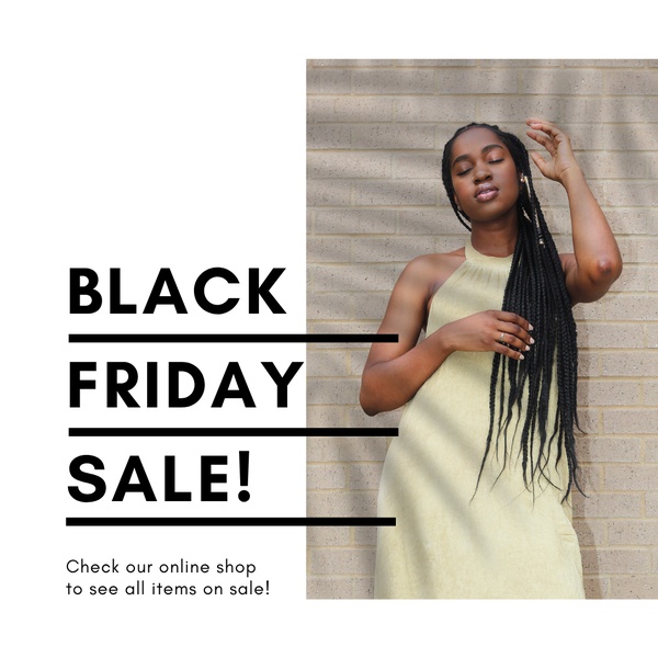 A clean, split-layout promotional creative featuring a linen dress model on the right and bold sale copy on the left.
