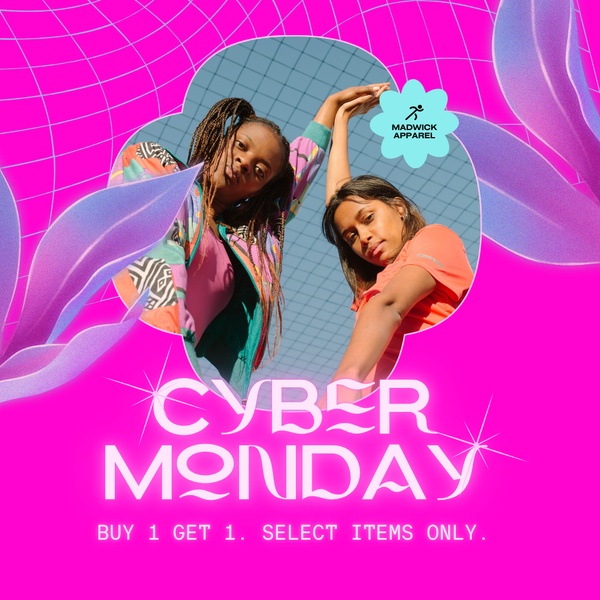 A high-energy, neon-themed Cyber Monday sale graphic for apparel that uses grid overlays and bold pinks to create urgency for a buy-one-get-one offer.