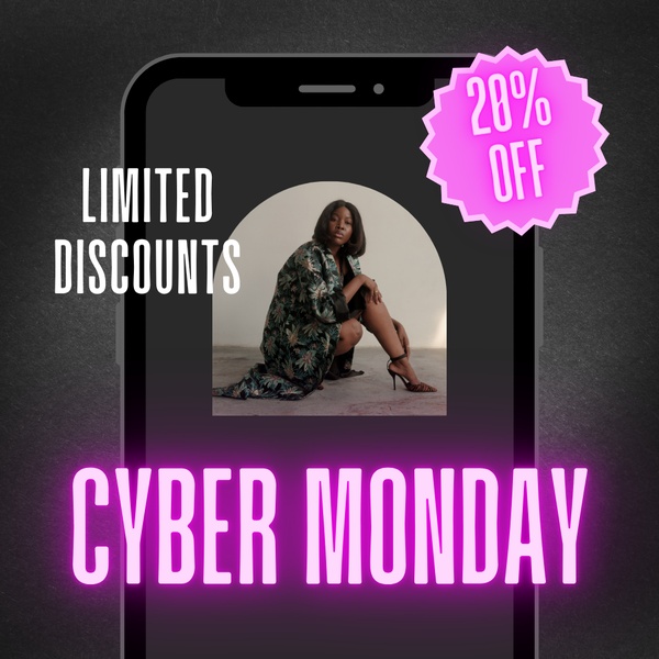 A square-format promotional ad featuring a model in a kimono robe, highlighting a Cyber Monday 28% discount with neon-style text.